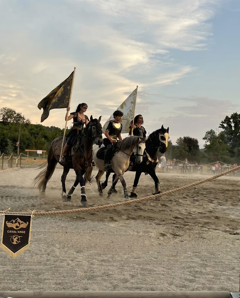 Cavalières de Caval'Ange au galop avec leurs étendards